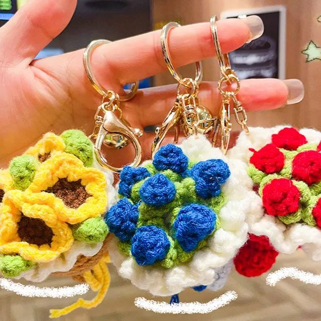 Lovely Gift Wool Knitted Bouquet Keychain Simulation Sunflower Bag Charm Pendant Graduation Gift - GetPhotoSocksUk