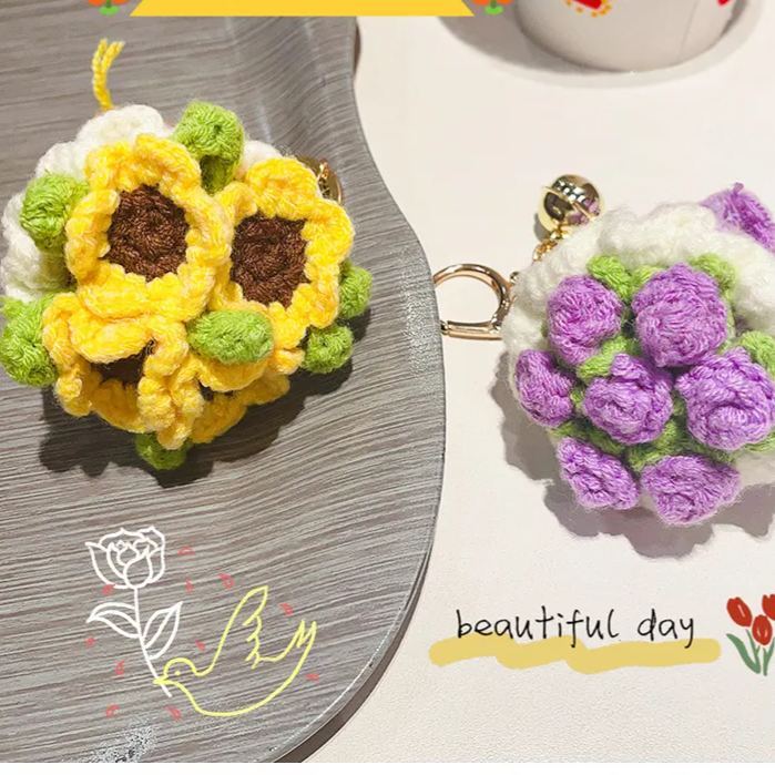 Lovely Gift Wool Knitted Bouquet Keychain Simulation Sunflower Bag Charm Pendant Graduation Gift - GetPhotoSocksUk