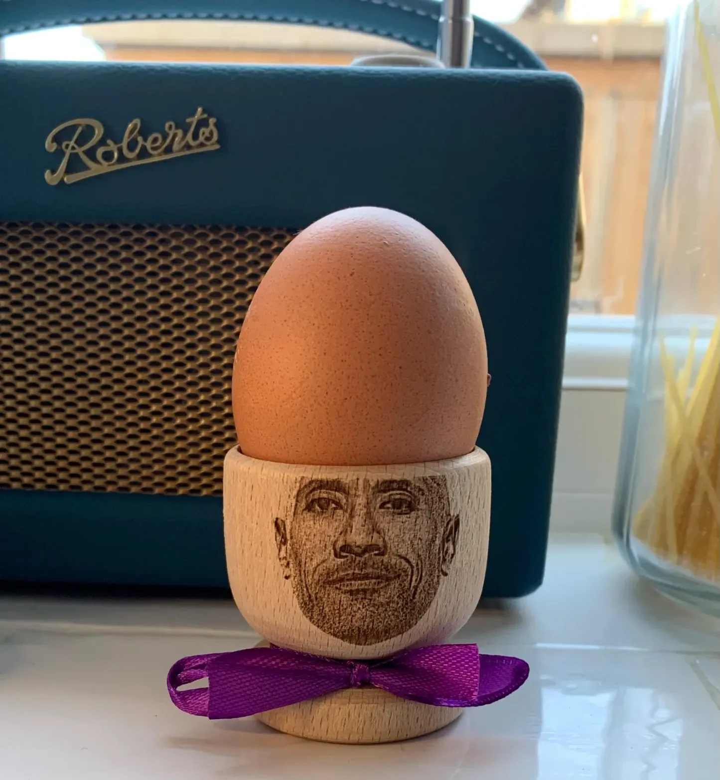 Custom Photo Face Egg Cup, Bald Personalised Wooden Gift for Easter and Breakfast Fun - GetPhotoSocksUk