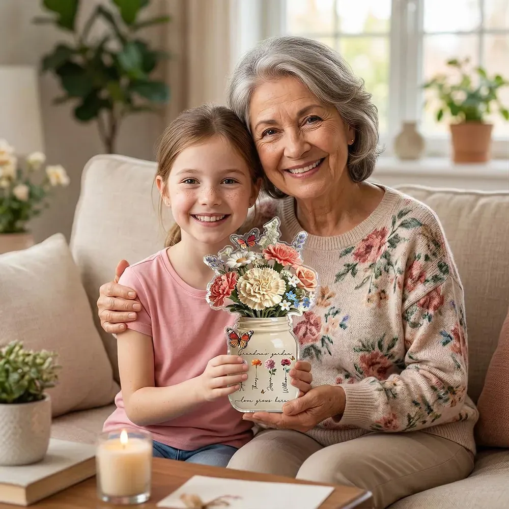 Personalized Shaped Acrylic Block Plaque Grandma's Garden Flower Jar for Shelf Decor, Unique Mother's Day Gift for Grandma - GetPhotoSocksUk