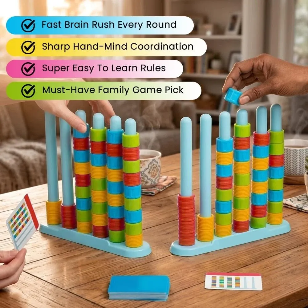Stack Challenge - Fast-Paced Color Matching Puzzle Game for Fun Parties & Family Game Night Includes 2 Stack Racks 50 Challenge Cards 80 Rings & Instructions - GetPhotoSocksUk
