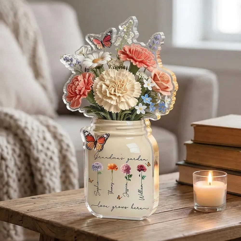 Personalized Shaped Acrylic Block Plaque Grandma's Garden Flower Jar for Shelf Decor, Unique Mother's Day Gift for Grandma - GetPhotoSocksUk