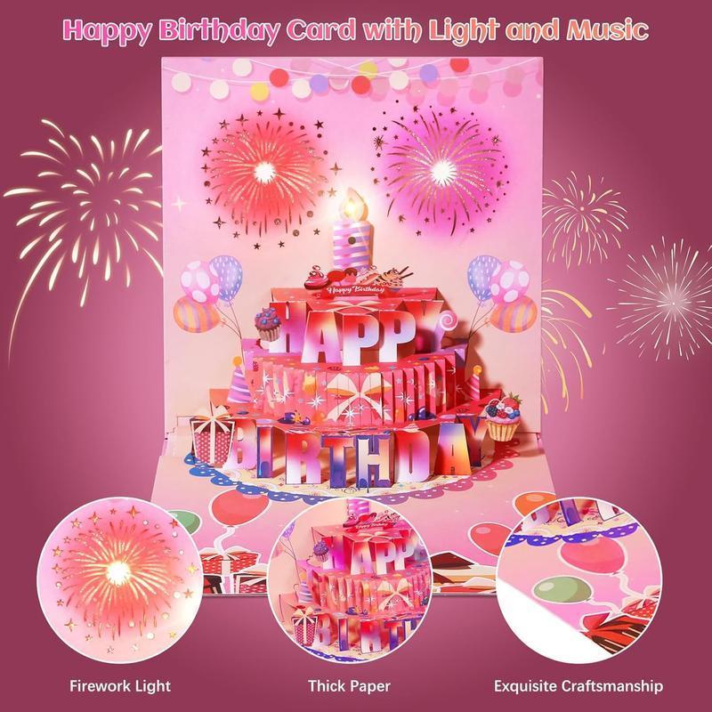 Cake Fireworks LED Candle Lights, 3D Birthday Card with Music and Colorful Lights, Musical Happy Pop-Up Birthday Card, Musical Birthday Gift Card for Kids, Wife, Husband, Grandpa, Grandma, Daughter, Son - GetPhotoSocksUk