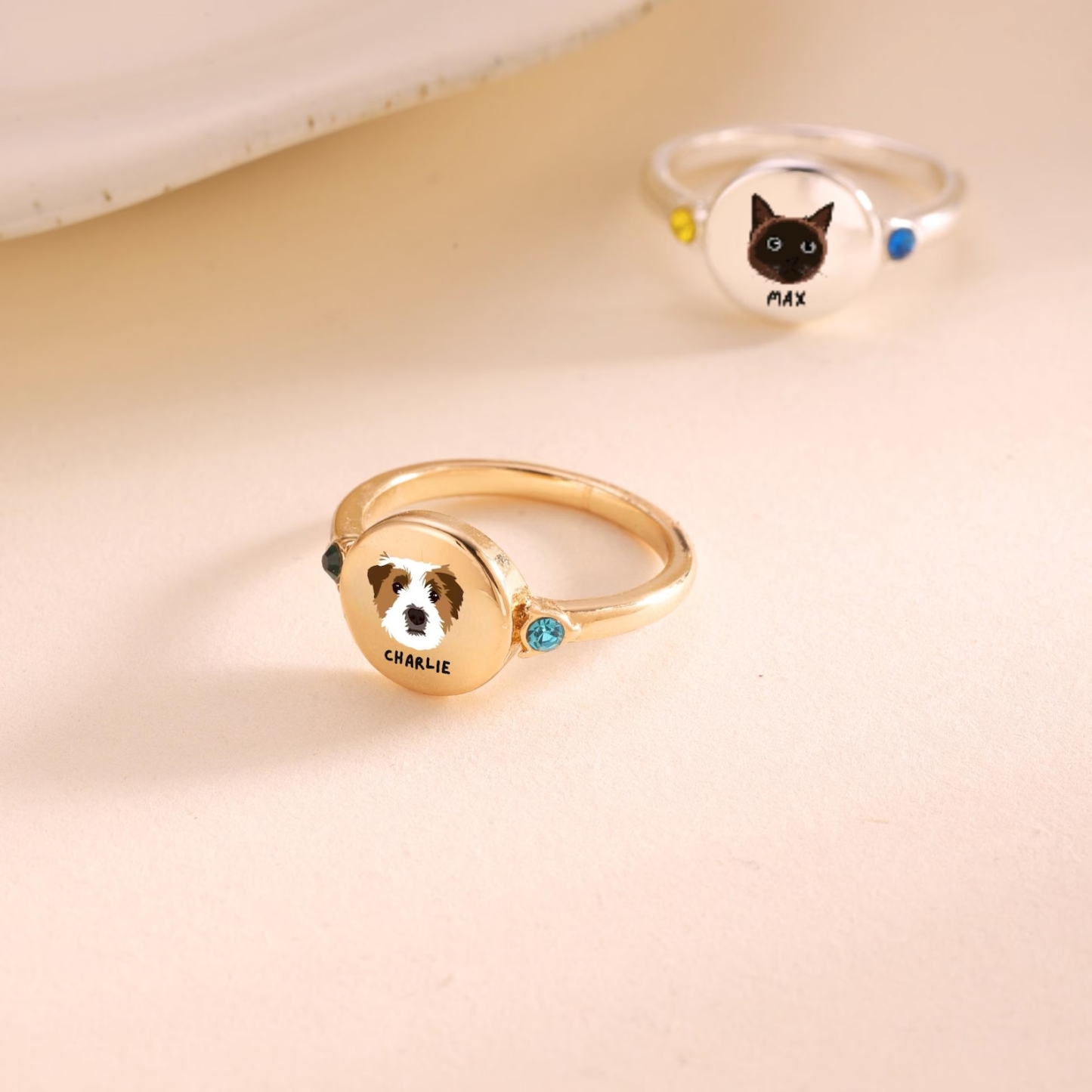 Custom Dog or Cat Ring with Birthstone, Custom Pet Portrait Photo Ring, Dog Cat Memorial Jewelry Gift For Pet Lover, Pet Remembrance, Gift for Her - GetPhotoSocksUk