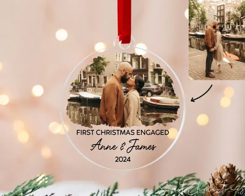 Personalized Our First Christmas Engaged Ornament, Custom Photo Ornament, Christmas Gift for Couple, Engagement Gifts, Christmas Ornaments