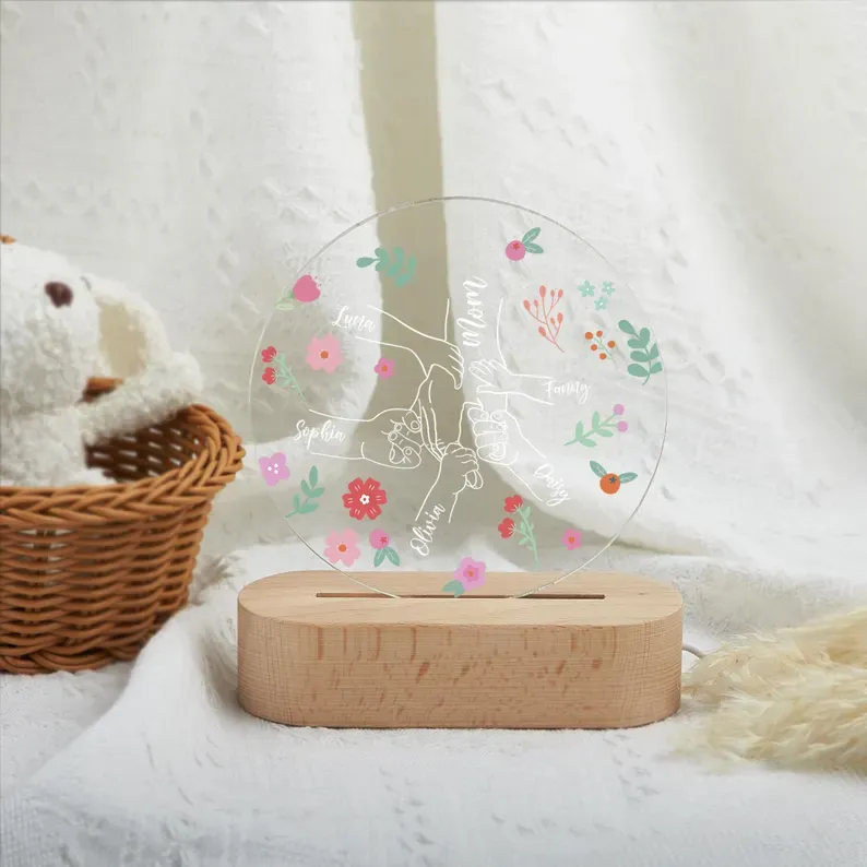 Custom Floral Holding Mom's Hand Name LED Night Light,Personalized Mother's Day Gift For Mom,Nanas Garden Light,Mother's Day Gift,Mommy Gift