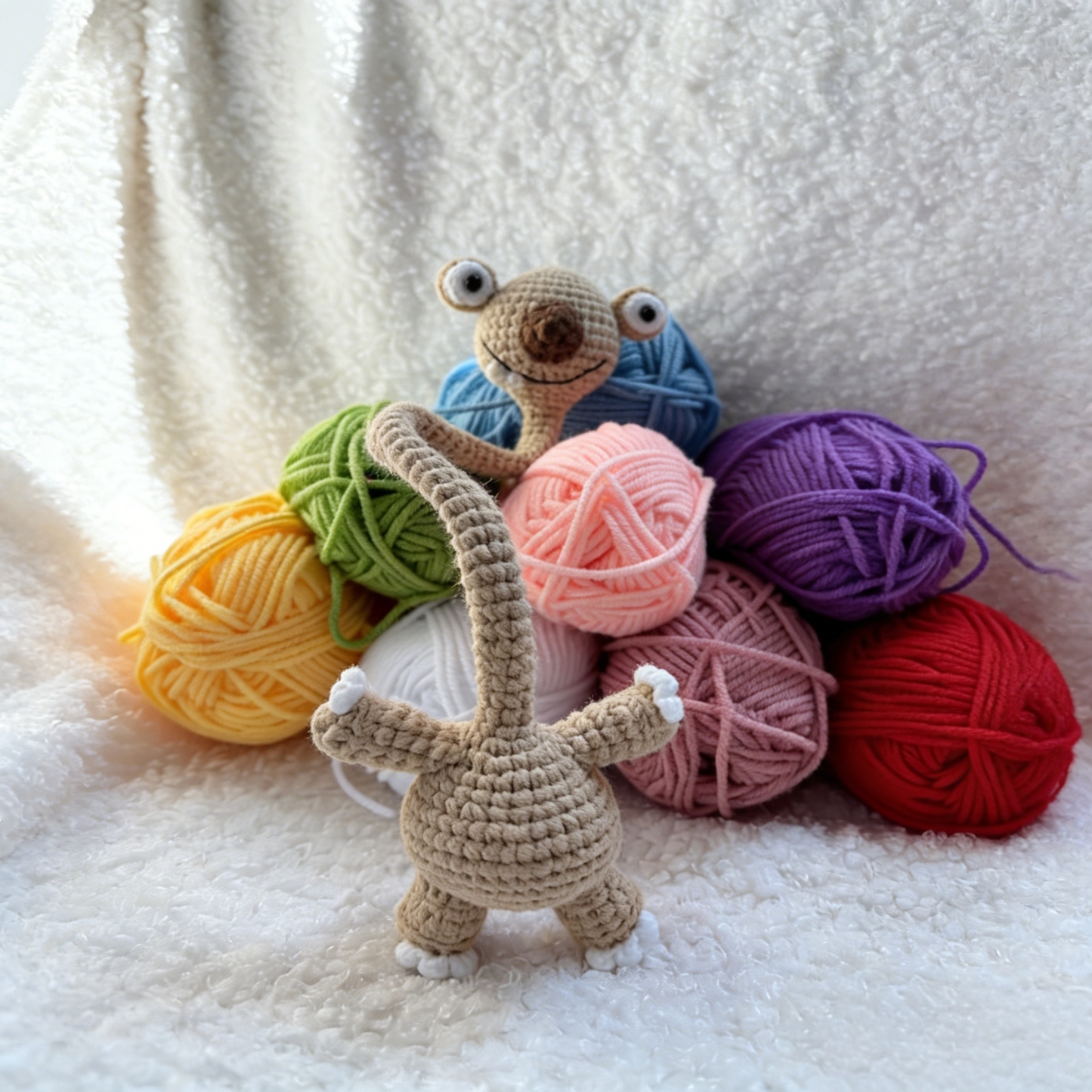 Handmade Crochet Prehistoric Sloth Bag Charm Funny Long Neck Sloth Plush Toy Gift for Animal Lovers