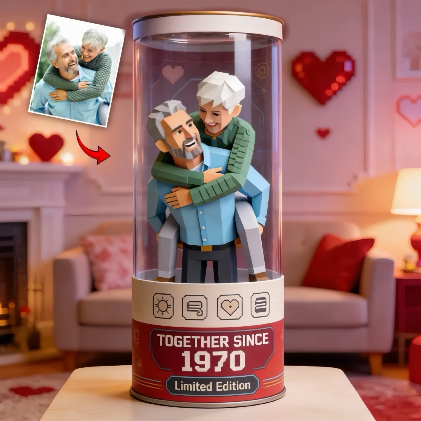 Custom Photo Cartoon Couple Space Capsule Personalized Low-Poly Decorative Ornament – A Special Gift for Her