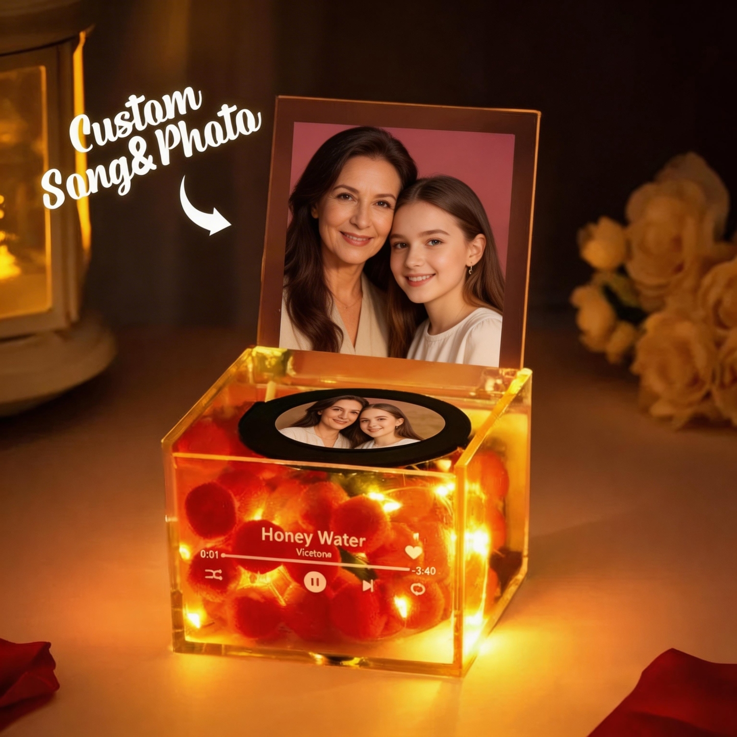 Mini Vinyl Record Player with Custom Photo and Light Personalized Music Acrylic Box Mothers Day Gift