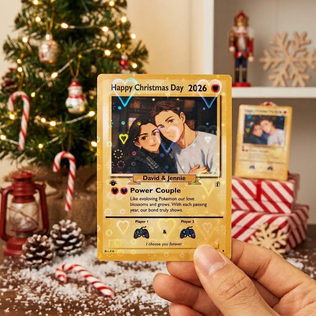 Personalized Couple Christmas Card – Custom Photo Anime Style Christmas Gift for Couples