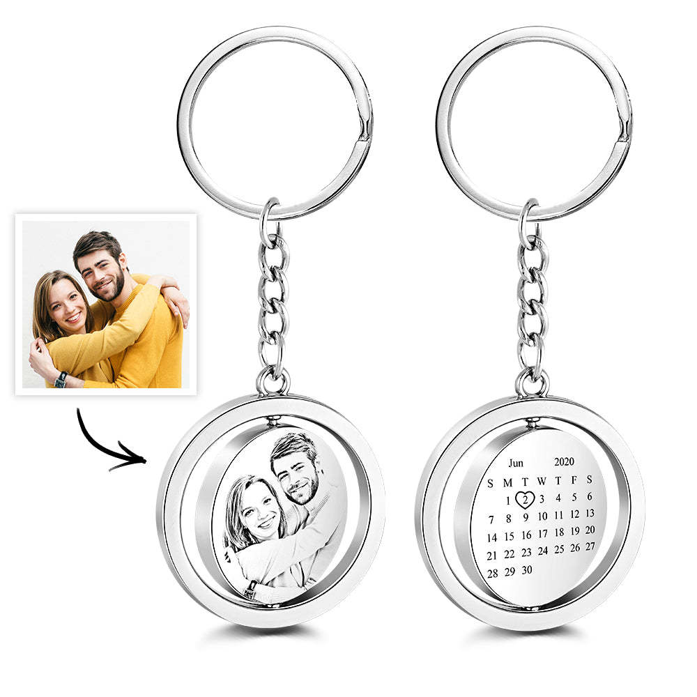 Custom Photo Calendar Keychain Rotate Special Date Couple Anniversary Gifts - MyCameraRollKeychain