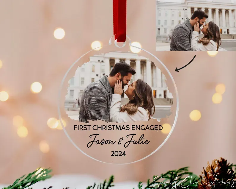 Personalized Our First Christmas Engaged Ornament, Custom Photo Ornament, Christmas Gift for Couple, Engagement Gifts, Christmas Ornaments