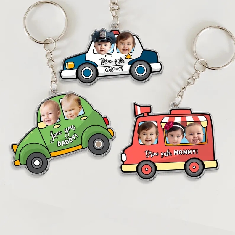 Custom Kids Face Car Keychain for Dad Personalized Baby Photo Acrylic Keychain, Drive Safe Daddy Gift Father's Day Car Accessory