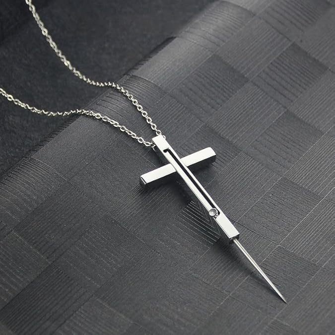 Self Defense Cross Necklace, 21 inch Chain, Stainless Steel Hidden Protection Tool with Safety Lock