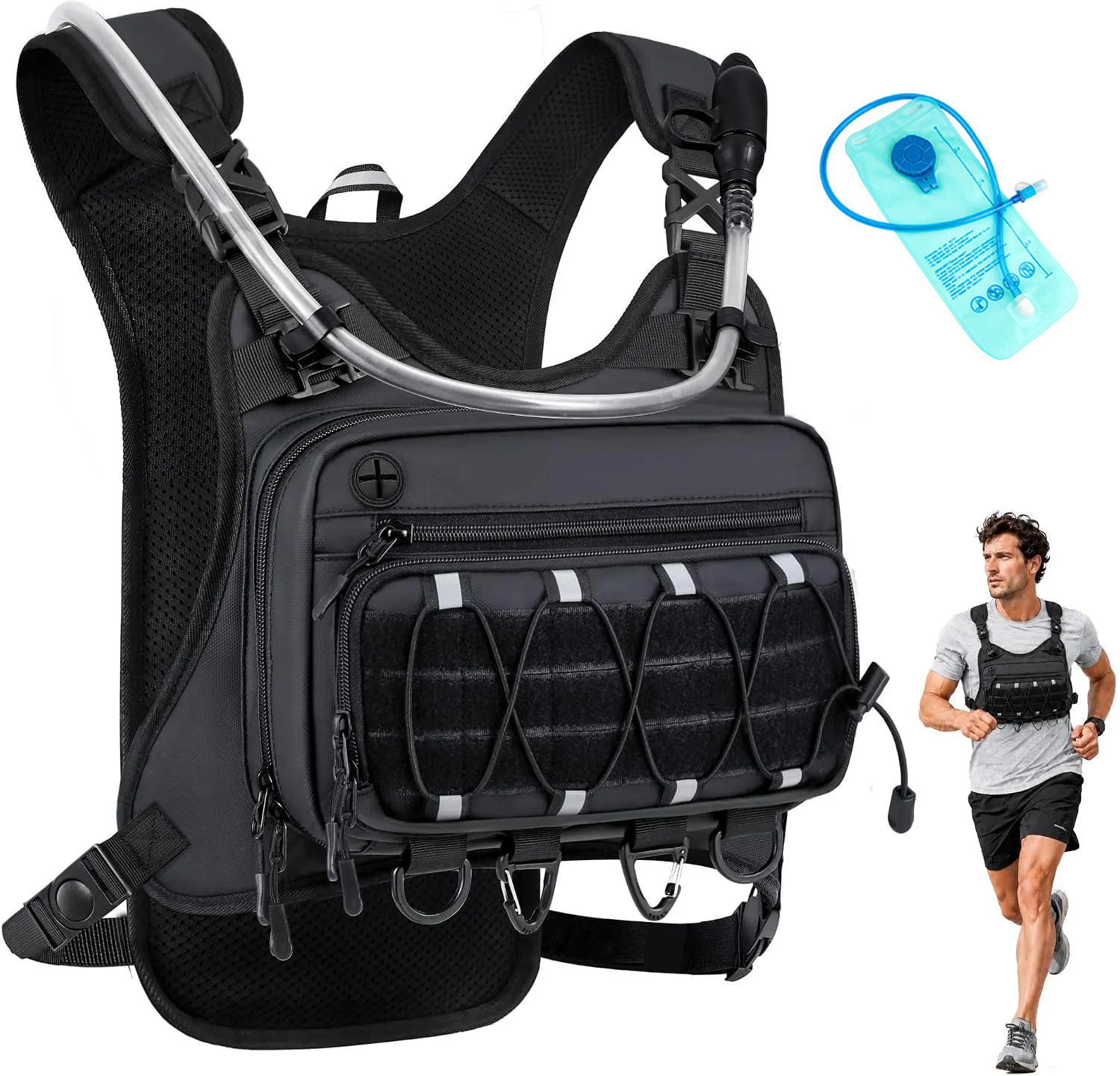 Running Vest for Men with 2L Water Bladder Tactical Hydration Backpack Adjustable Lightweight Chest Pack for Marathon Hunting Cycling