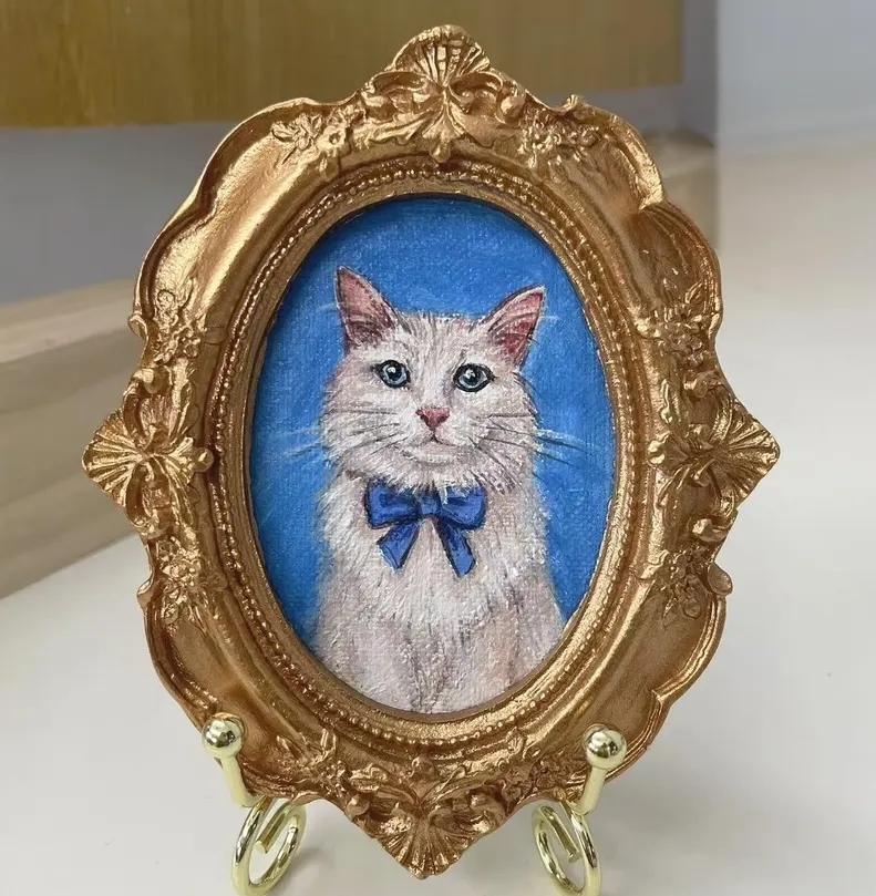Mini Pet Portrait with Gold Baroque Frame Custom Pet Painting from Photo Custom Mini Pet Portrait