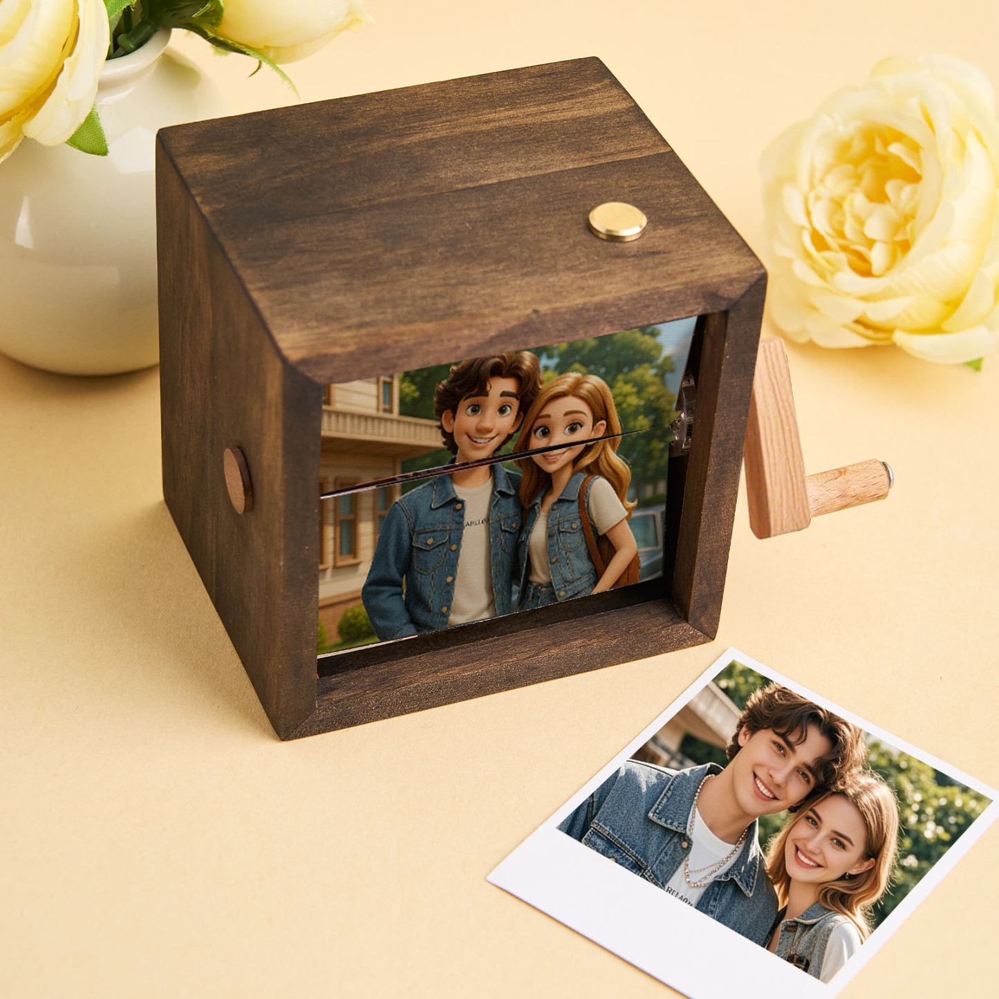 Cartoon Custom Photo Flipbook Frame Animation Machine Mechanical Hand-cranked Flipbook Box Photo Album with Light Black Walnut Anniversary Gifts
