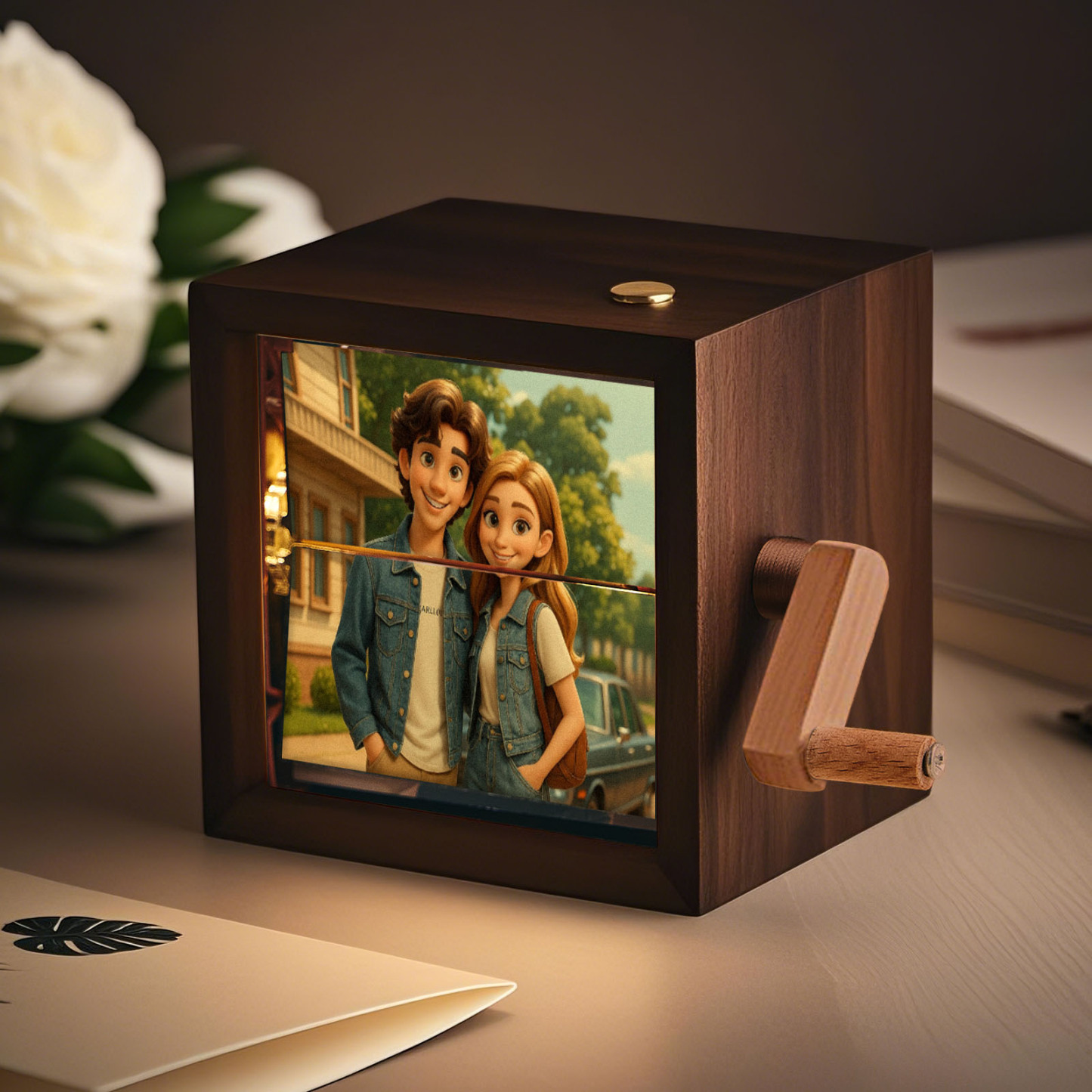 Cartoon Custom Photo Flipbook Frame Animation Machine Mechanical Hand-cranked Flipbook Box Photo Album with Light Black Walnut Anniversary Gifts