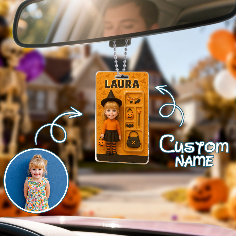 Custom 3D Effect Action Figure Pack Packaging Personalized Acrylic Pumpkin Girl Car Hanger Gift for Halloween