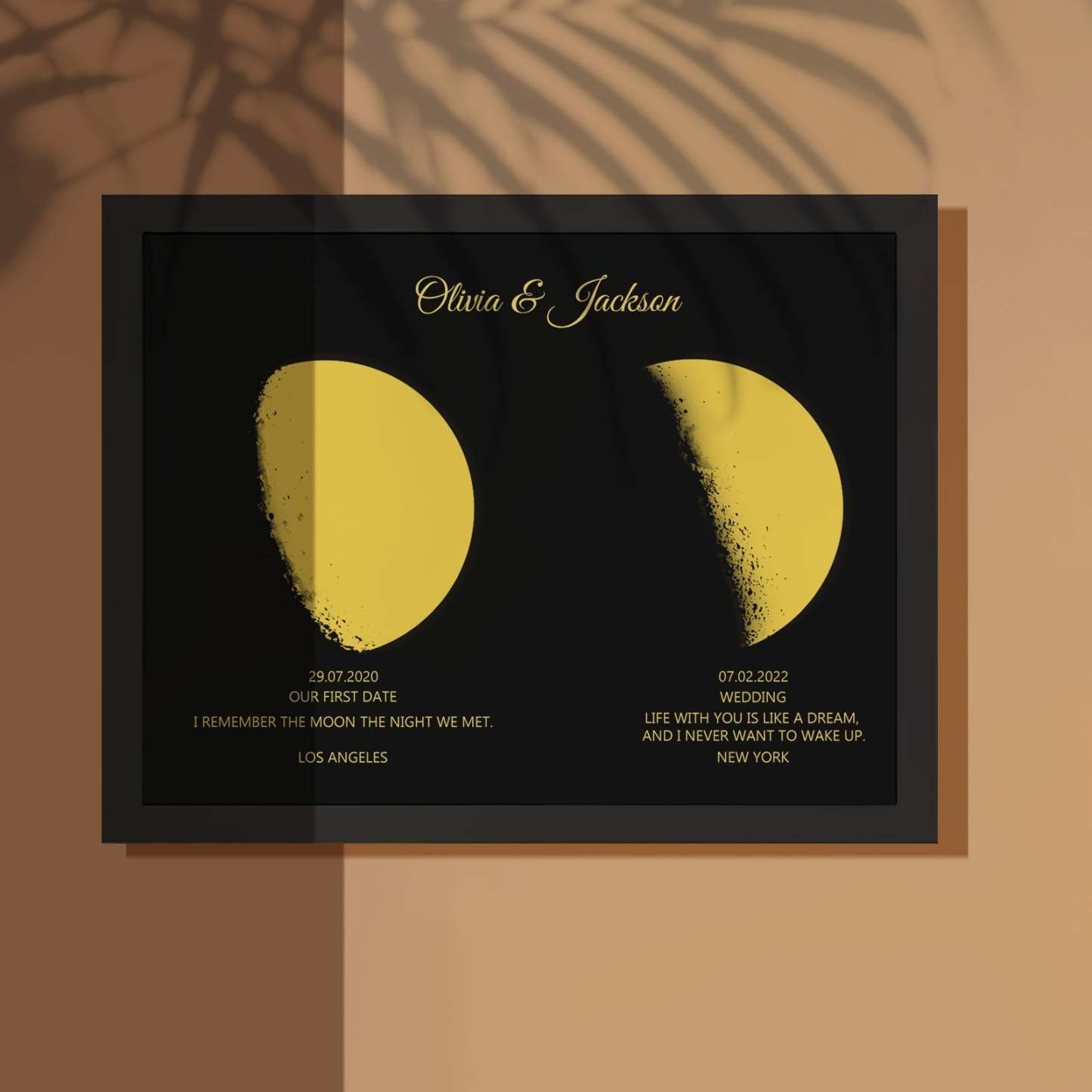 Custom Moon Phase and Names Wooden Frame with Personalized Text Gold Moon - Myphotomugs