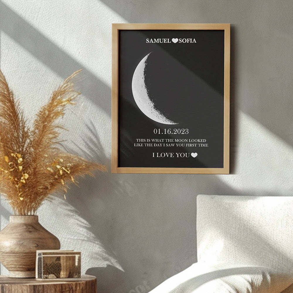 Custom Silver Moon Phase and Names Wooden Frame with Your Text Custom Couple Art Frame Best Valentine's Day Gift - Myphotowallet