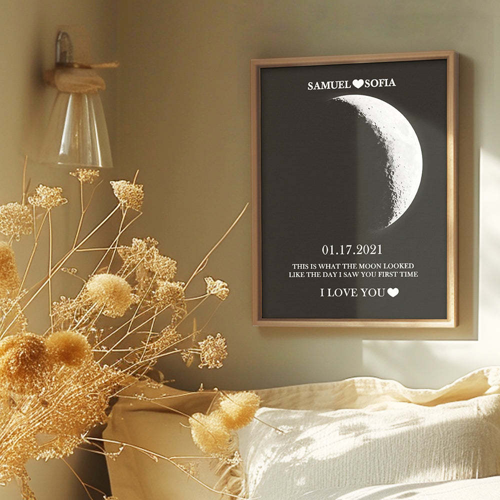 Custom Silver Moon Phase and Names Wooden Frame with Your Text Custom Couple Art Frame Best Valentine's Day Gift - Myphotowallet