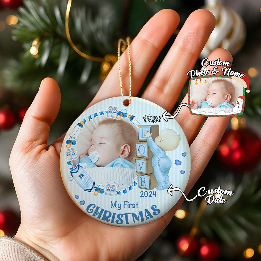 Personalized Baby's First Christmas Ornament with Photo Ceramic Christmas Ornament for Newborn Gift - MyCameraRollKeychain