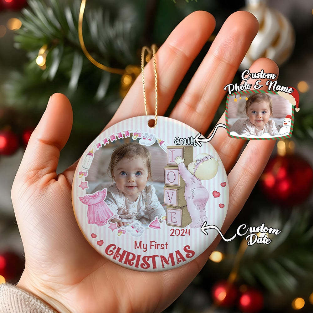 Personalized Baby's First Christmas Ornament with Photo Ceramic Christmas Ornament for Newborn Gift - MyCameraRollKeychain