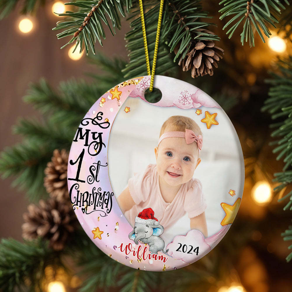 Personalized Baby's First Christmas Ornament Cute Elephant Circle Ornament Christmas Gift for Kid - MyCameraRollKeychain