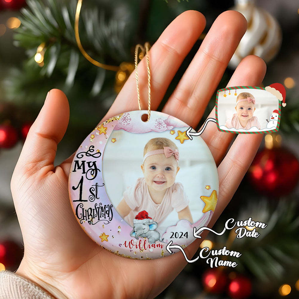 Personalized Baby's First Christmas Ornament Cute Elephant Circle Ornament Christmas Gift for Kid - MyCameraRollKeychain