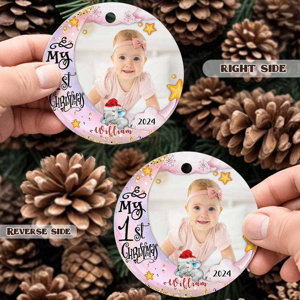 Personalized Baby's First Christmas Ornament Cute Elephant Circle Ornament Christmas Gift for Kid - MyCameraRollKeychain