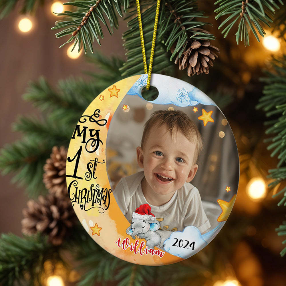 Personalized Baby's First Christmas Ornament Cute Elephant Circle Ornament Christmas Gift for Kid - MyCameraRollKeychain