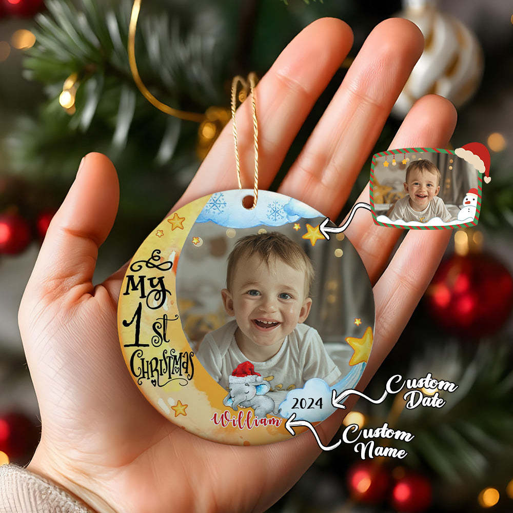 Personalized Baby's First Christmas Ornament Cute Elephant Circle Ornament Christmas Gift for Kid - MyCameraRollKeychain