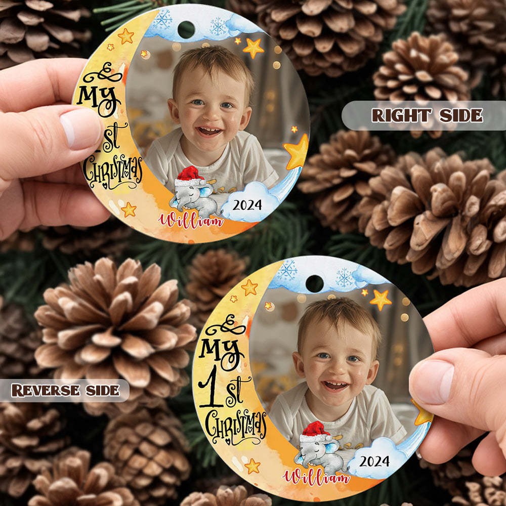 Personalized Baby's First Christmas Ornament Cute Elephant Circle Ornament Christmas Gift for Kid - MyCameraRollKeychain