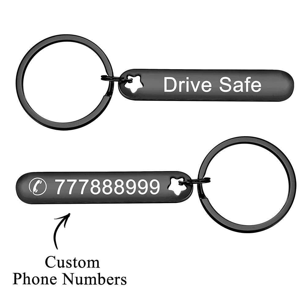 Custom Engraved Keychain Phone Number Drive Safe Metal Gifts - MyCameraRollKeychain