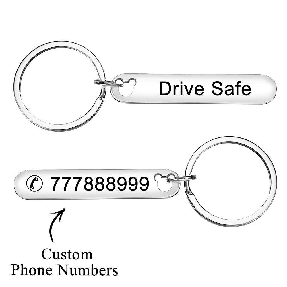 Custom Engraved Keychain Phone Number Drive Safe Metal Gifts - MyCameraRollKeychain