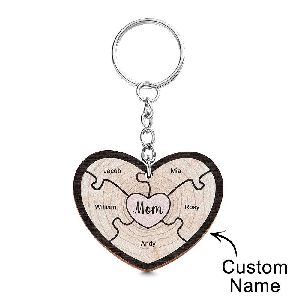 Custom Engraved Keychain Wooden Heart Creative Puzzle Gifts for Grandma - MyCameraRollKeychain