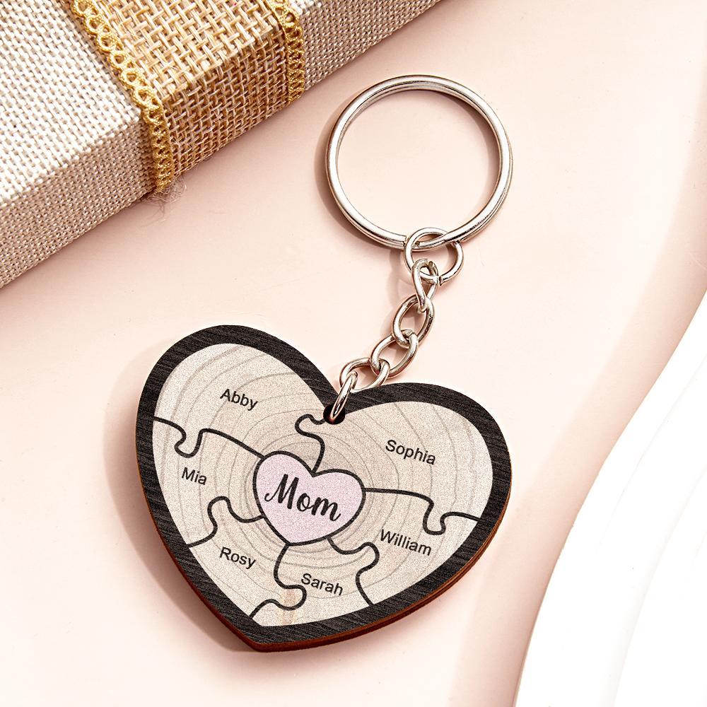 Custom Engraved Keychain Wooden Heart Creative Puzzle Gifts for Grandma - MyCameraRollKeychain