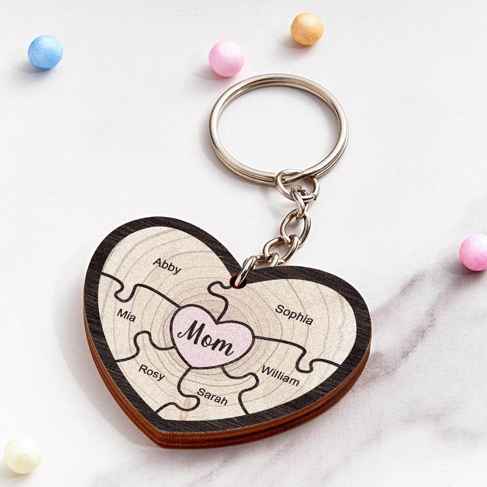 Custom Engraved Keychain Wooden Heart Creative Puzzle Gifts for Grandma - MyCameraRollKeychain