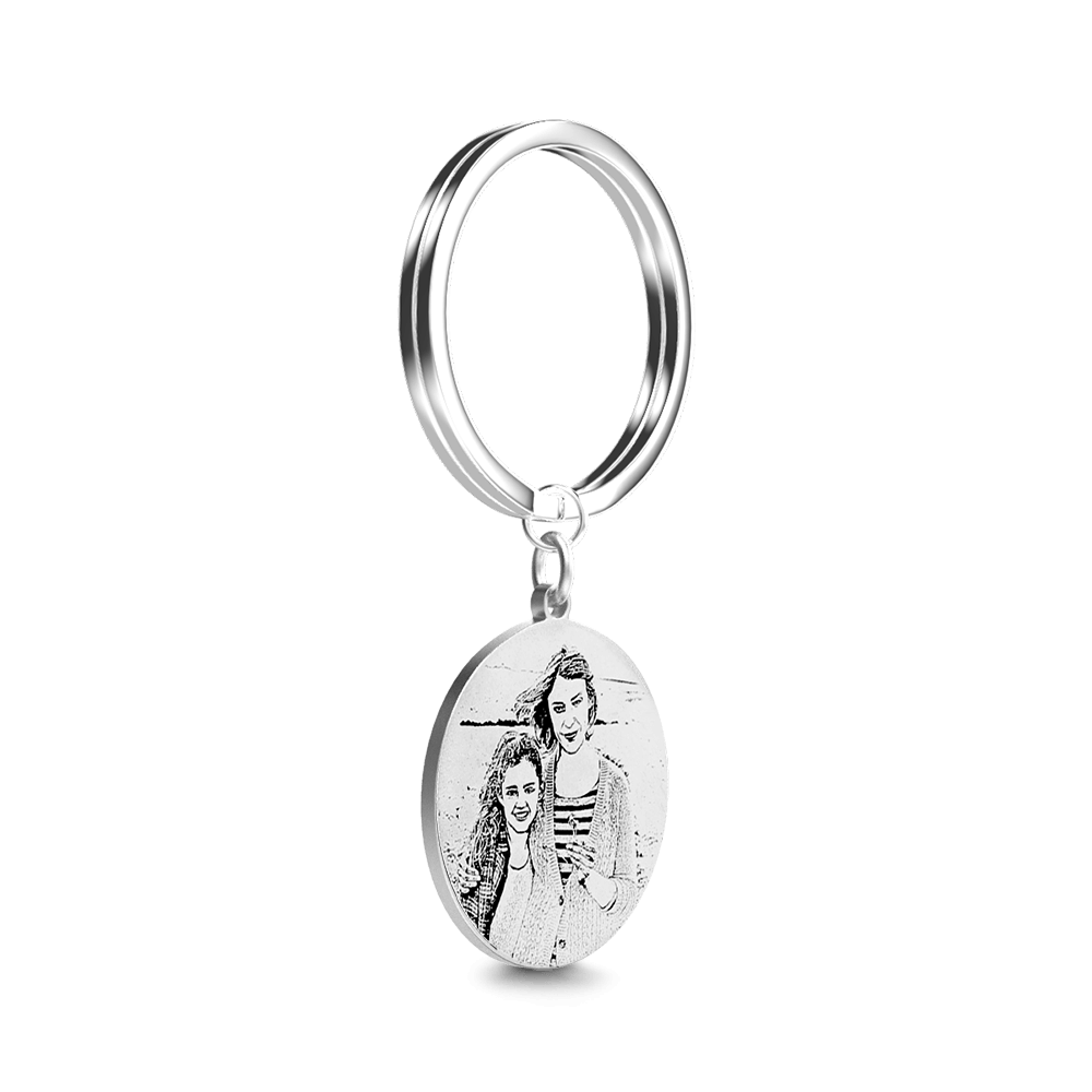 Round Photo Engraved Tag Key Chain Stainless Steel