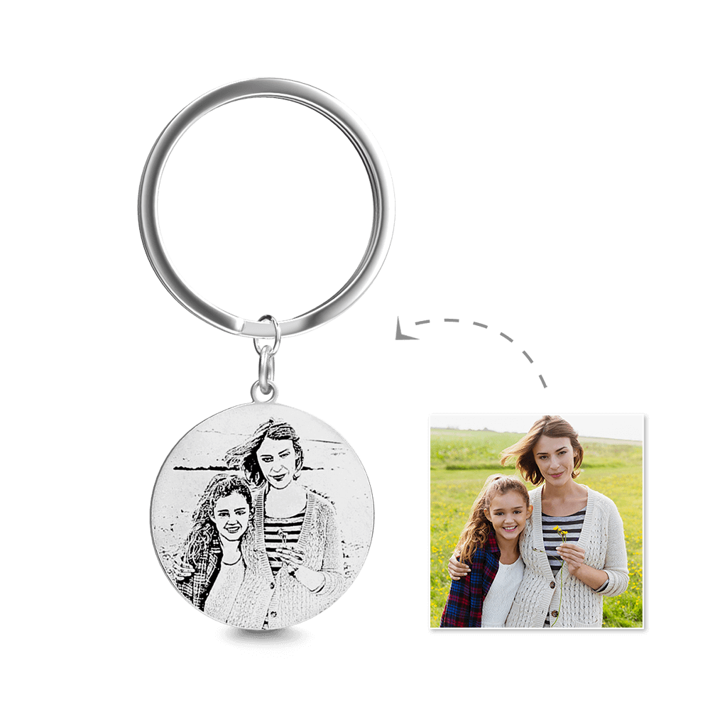 Round Photo Engraved Tag Key Chain Stainless Steel