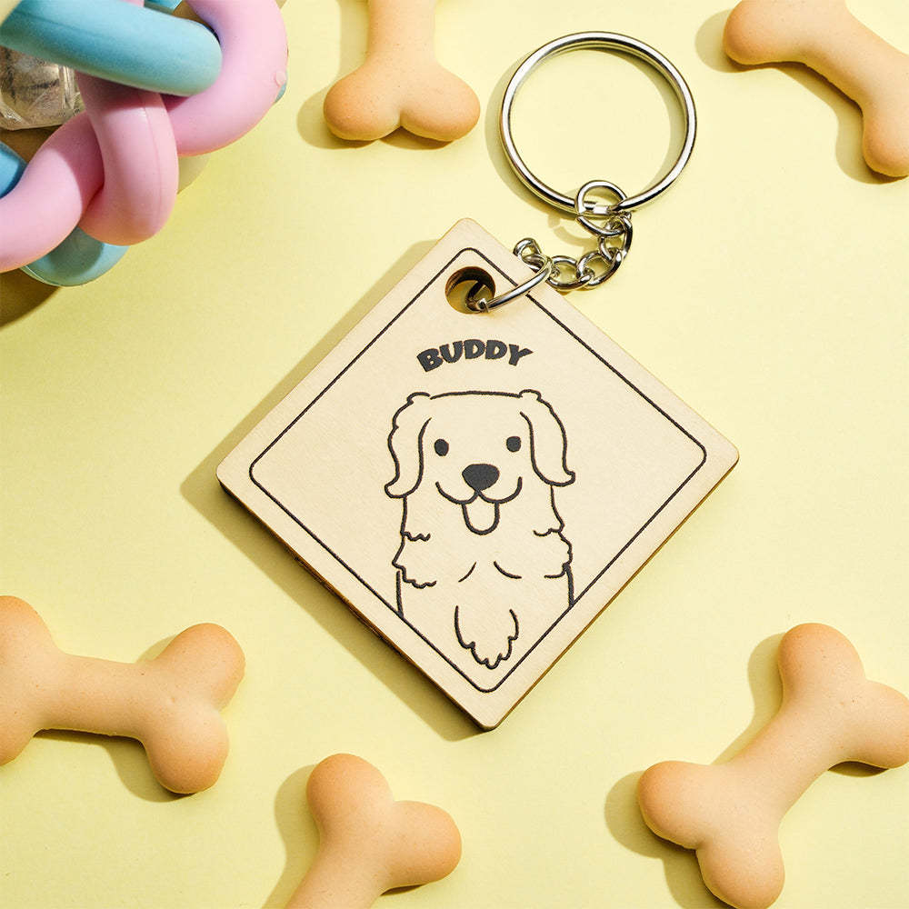 Custom Cartoon Pet Photo and Name Personalized Wooden Keychain Gift for Pet Lovers - MyCameraRollKeychain