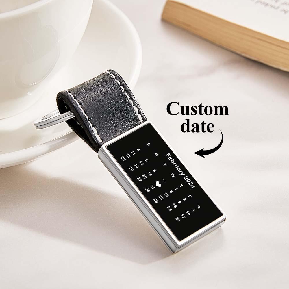 Customized Calendar Date Leather Keychain With Engraved Text Valentine Exclusive Gift For Men - MyCameraRollKeychain