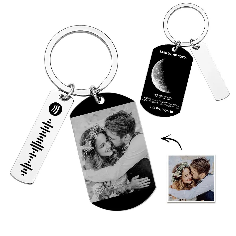 Custom Moon Phase Tag Keychain Personalized Spotify Custom Picture & Music Song Code Couples Photo Keyring Valentine's Day Gift -