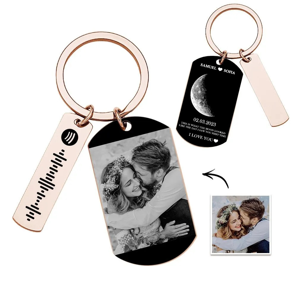 Custom Moon Phase Tag Keychain Personalized Spotify Custom Picture & Music Song Code Couples Photo Keyring Valentine's Day Gift -