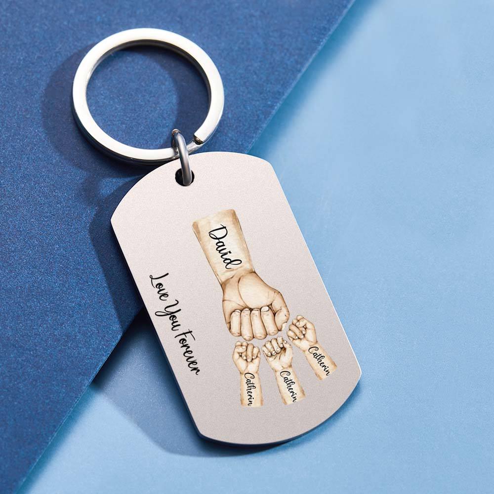 Daddy's Team Fist Bump Personalized Stainless Steel Keychain Father's Day Gift for Dad Papa Grandpa Daddy Dada