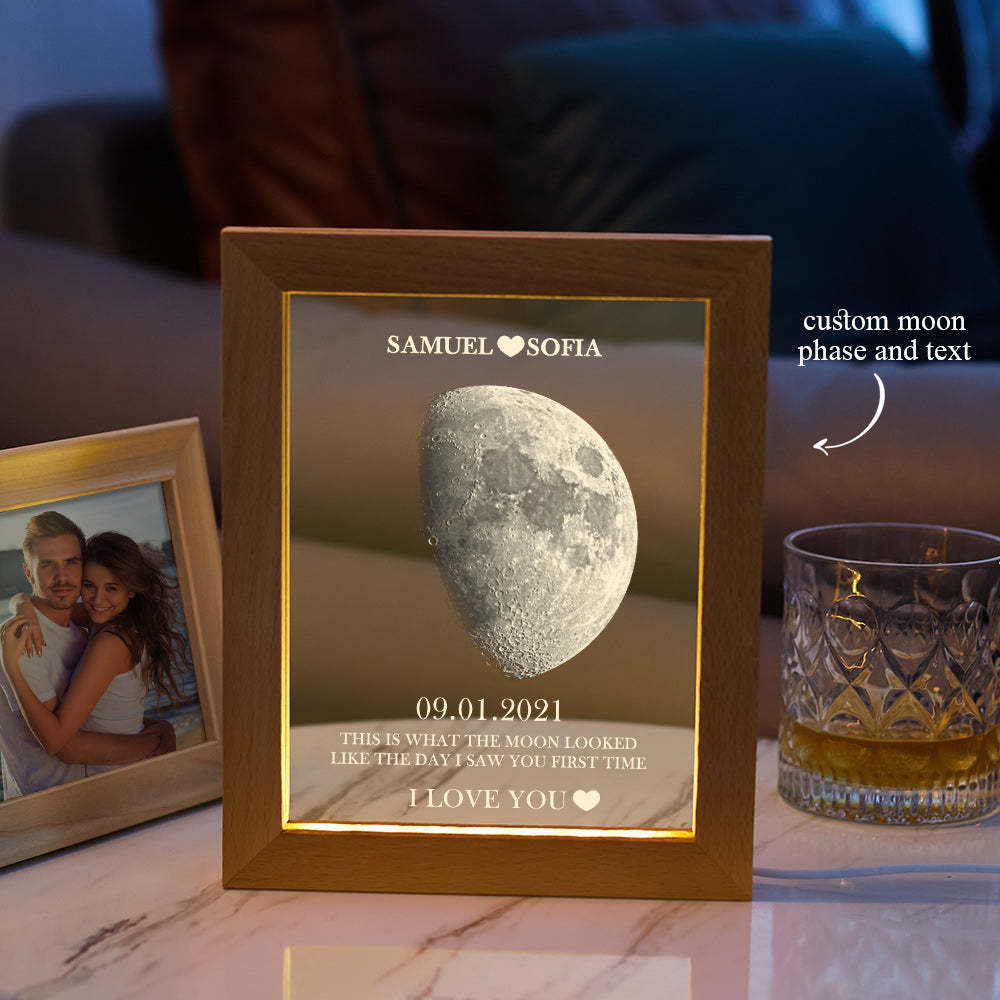 Custom Moon Phase and Names Frame Lamp with Personalized Text - Myphotomugs