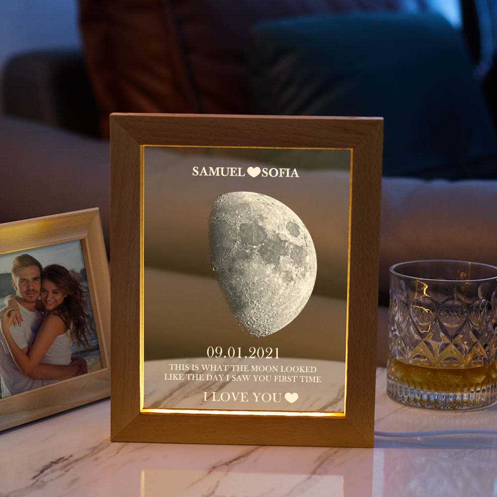 Custom Moon Phase and Names Frame Lamp with Personalized Text - Myphotomugs