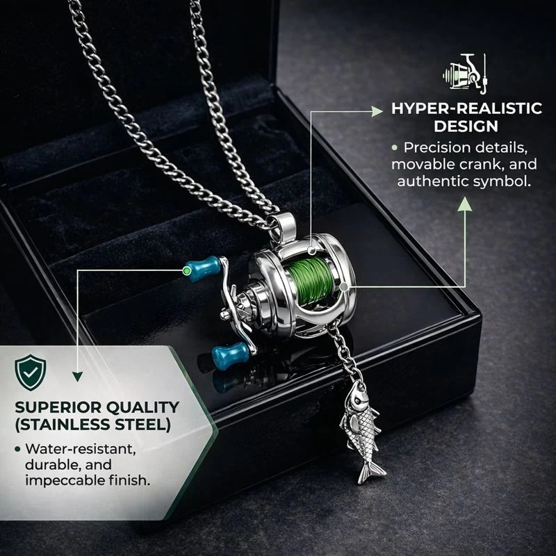 Fishing Reel Necklace for Men Stainless Steel Angler Pendant Fishing Lover Gift