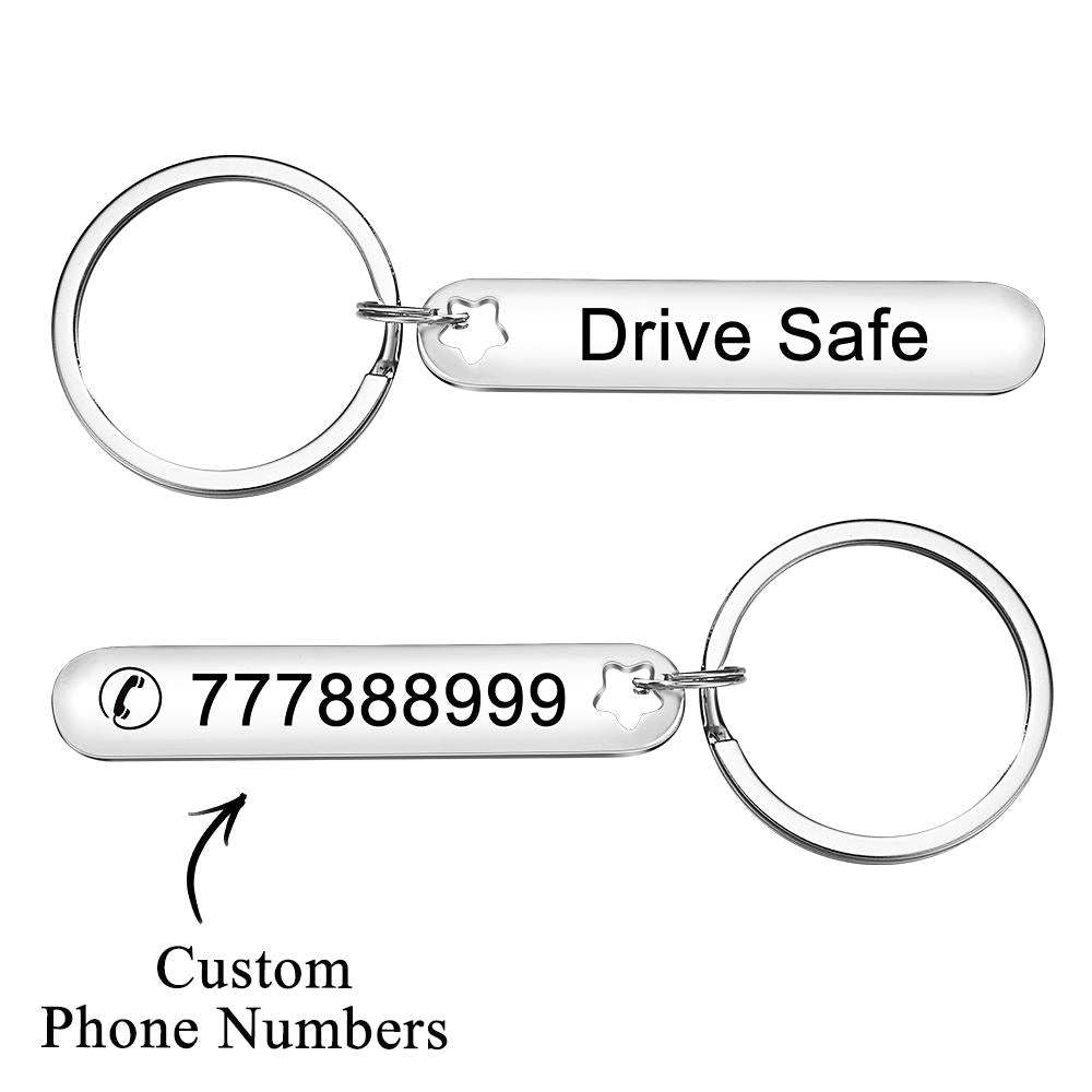 Custom Engraved Keychain Phone Number Drive Safe Metal Gifts - MyCameraRollKeychain